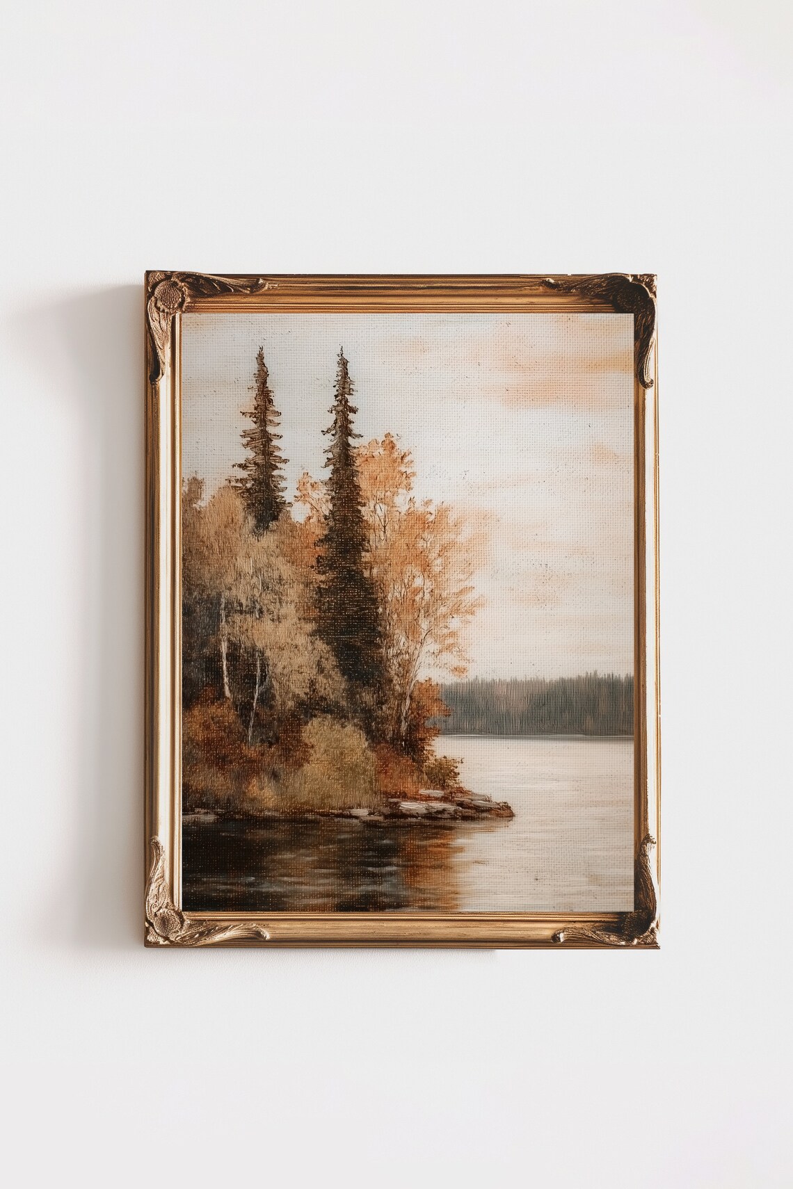 Autumn Lake Pines Golden Birch Trees Calm Water Fall Landscape Poster