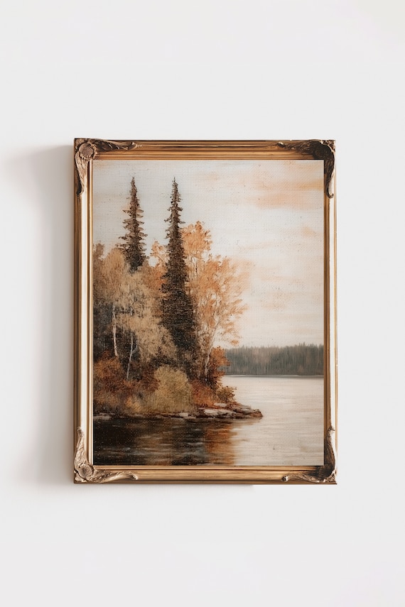 Autumn Lake Pines Golden Birch Trees Calm Water Fall Landscape Poster
