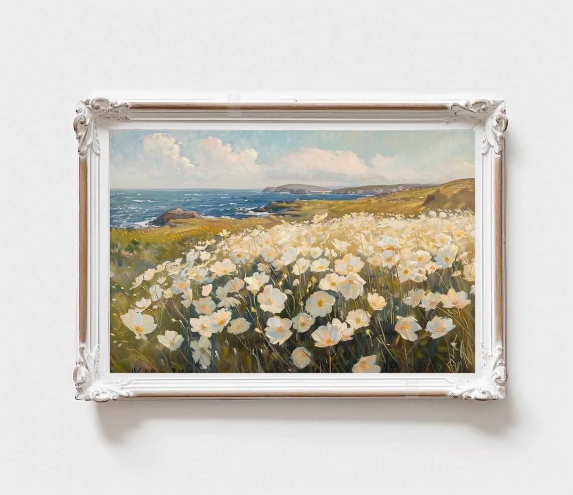 White Cosmos Flower Field Coastal Cliffs Sea Summer Landscape Poster - Image 2