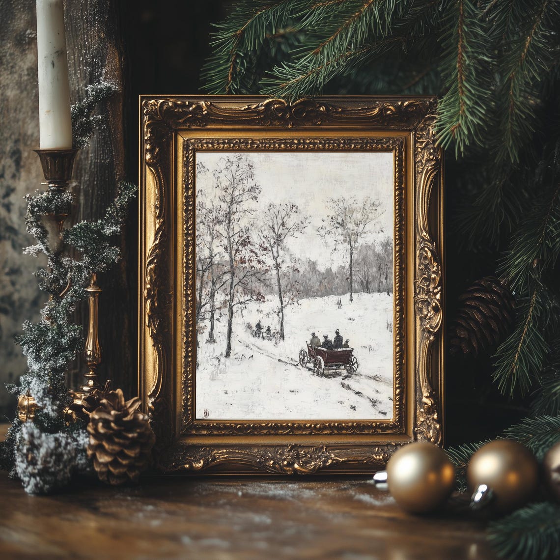 Winter Sleigh Ride Through Snowy Woods Vintage Oil Painting Poster - Image 2