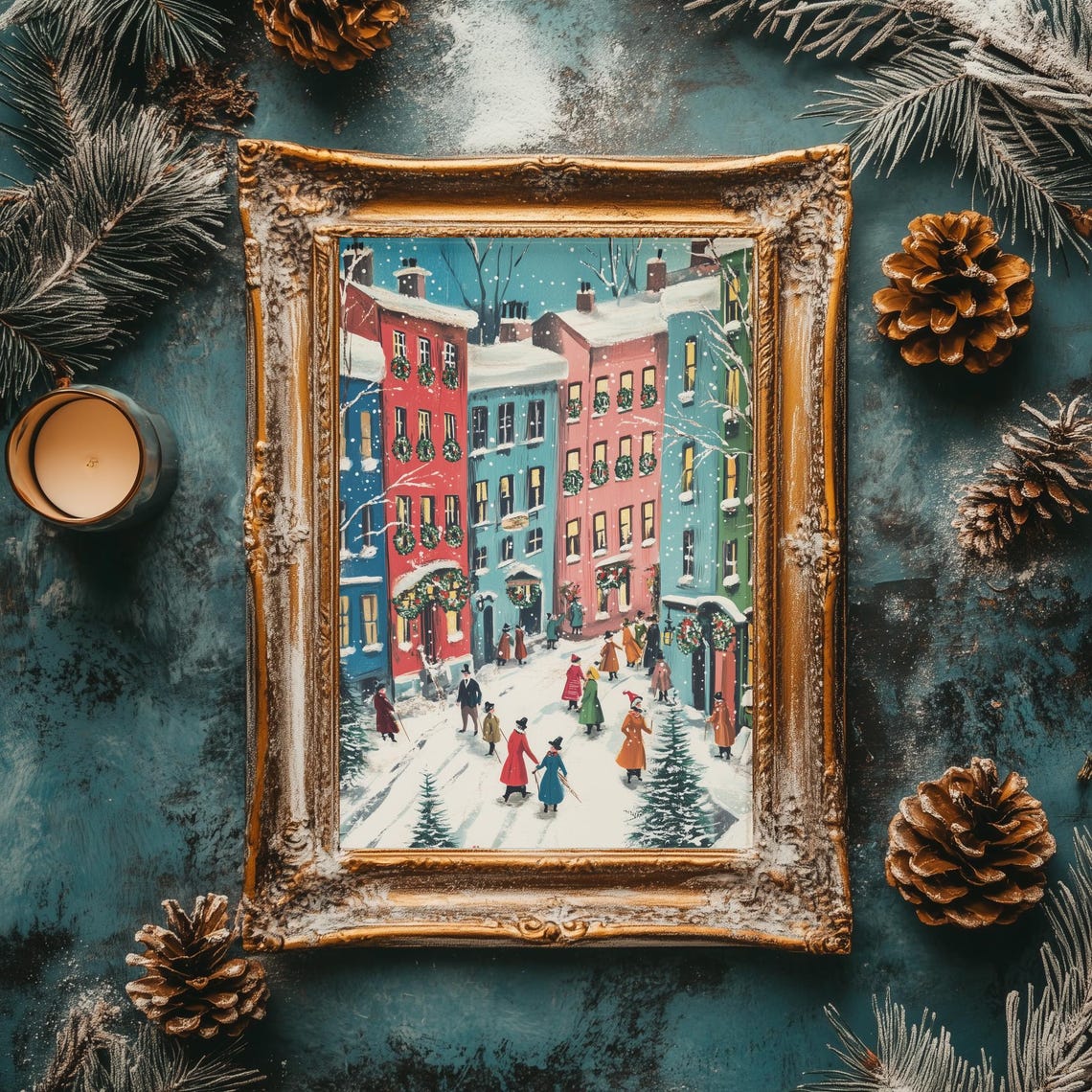 Retro Christmas Village Street Scene With Wreaths and Snow Poster - Image 2