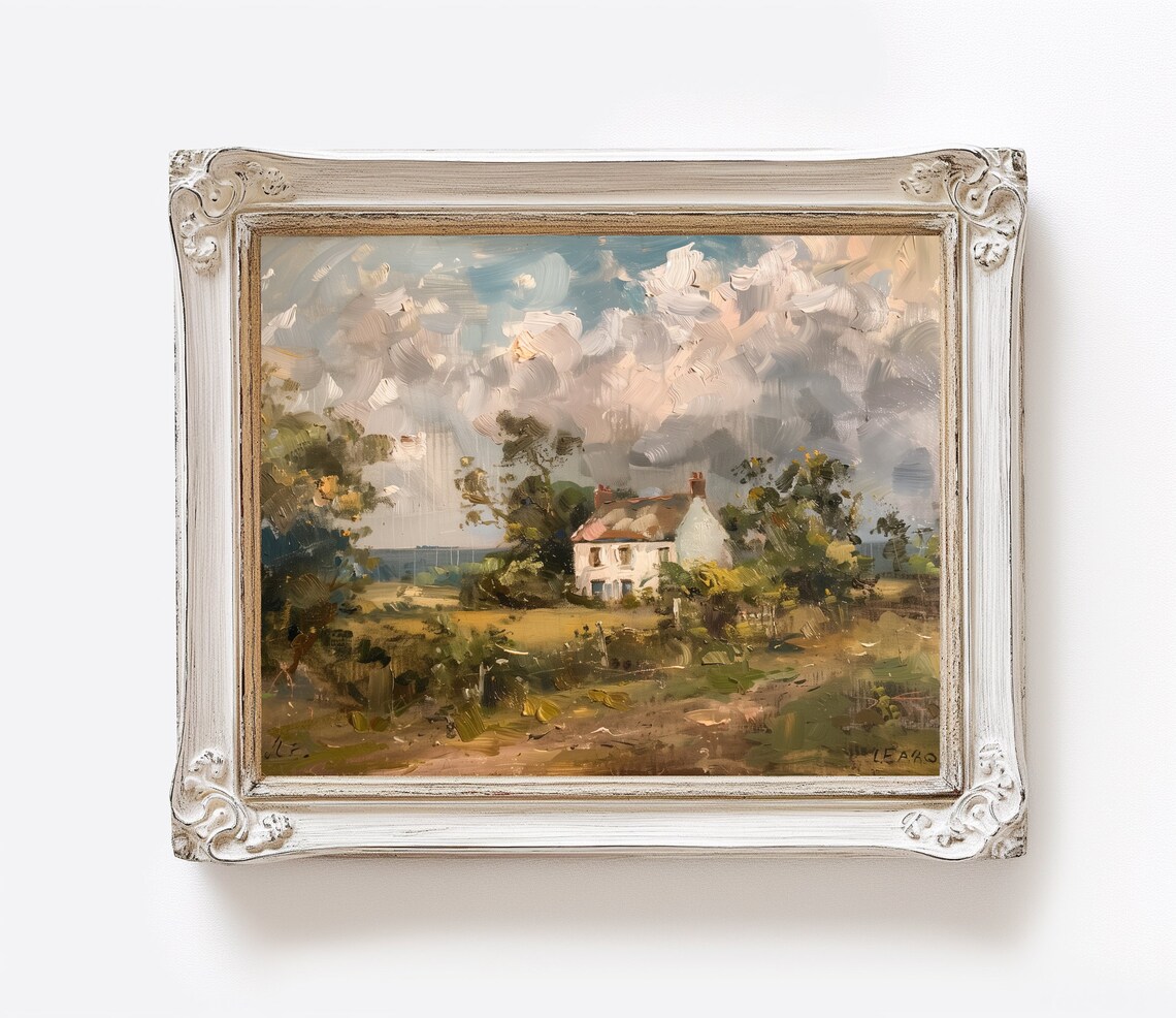 Antique Oil Painting White Farmhouse Cloudy Sky Country Print - Image 3