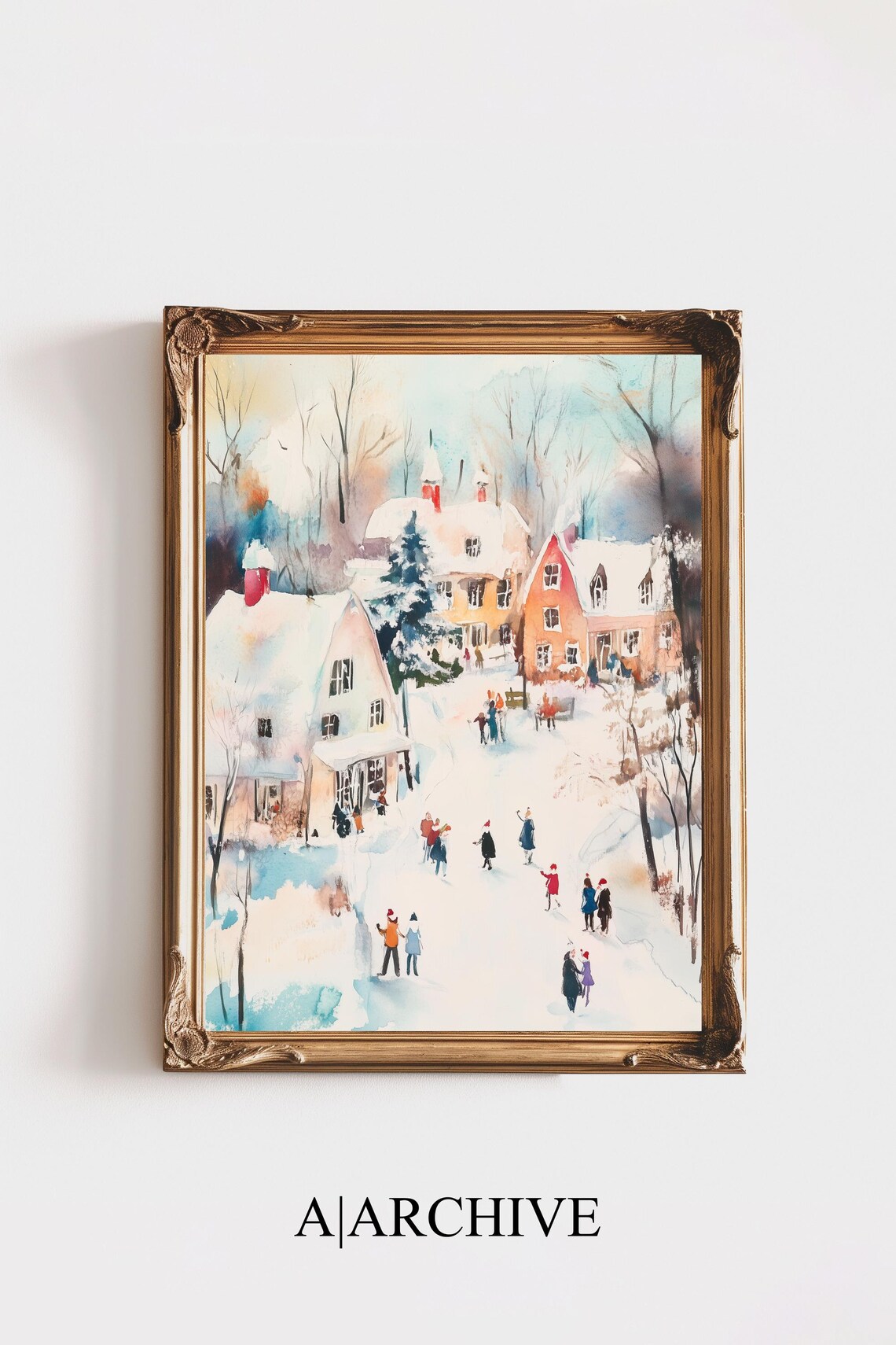 Watercolor Christmas Village Red Roofs Snow People Gathering Poster