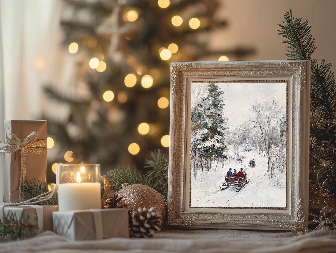Sleigh Ride in a Snowy Winter Forest Vintage Oil Painting Poster - Image 2
