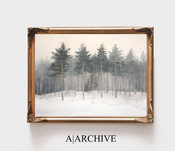 Foggy Winter Pine Forest Thin Spaced Trees Minimal Snow Scene Poster