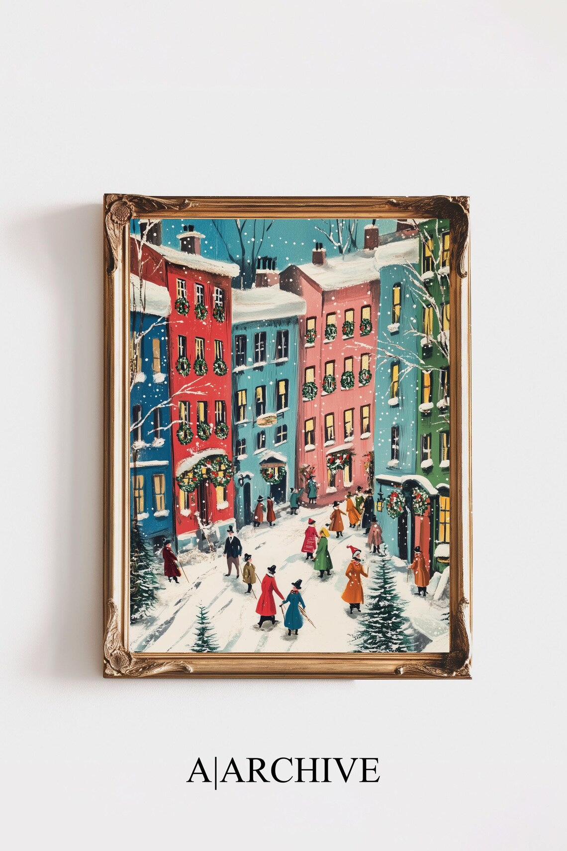 Retro Christmas Village Street Scene With Wreaths and Snow Poster
