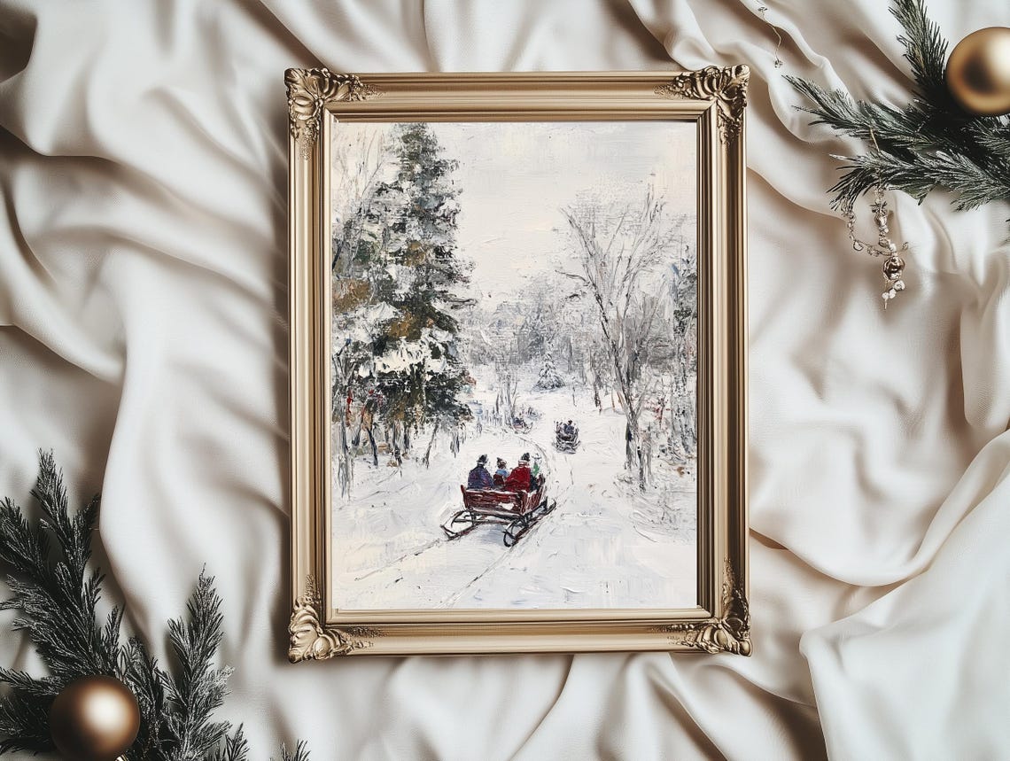 Sleigh Ride in a Snowy Winter Forest Vintage Oil Painting Poster - Image 4