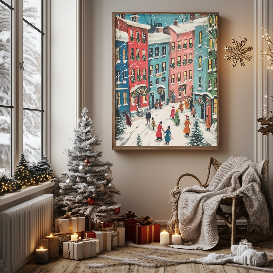 Retro Christmas Village Street Scene With Wreaths and Snow Poster - Image 3