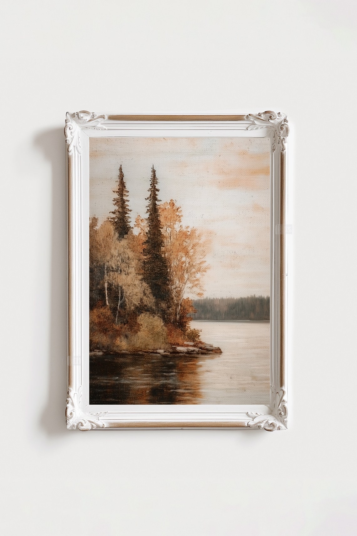 Autumn Lake Pines Golden Birch Trees Calm Water Fall Landscape Poster - Image 3