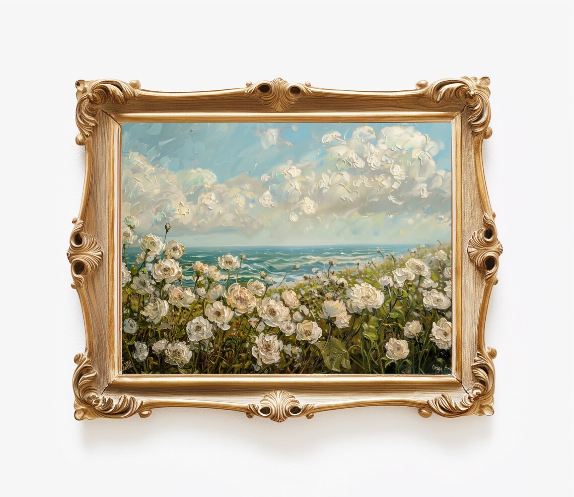 White Roses Coastal Bluff Turquoise Sea Summer Floral Landscape Poster - Image 4