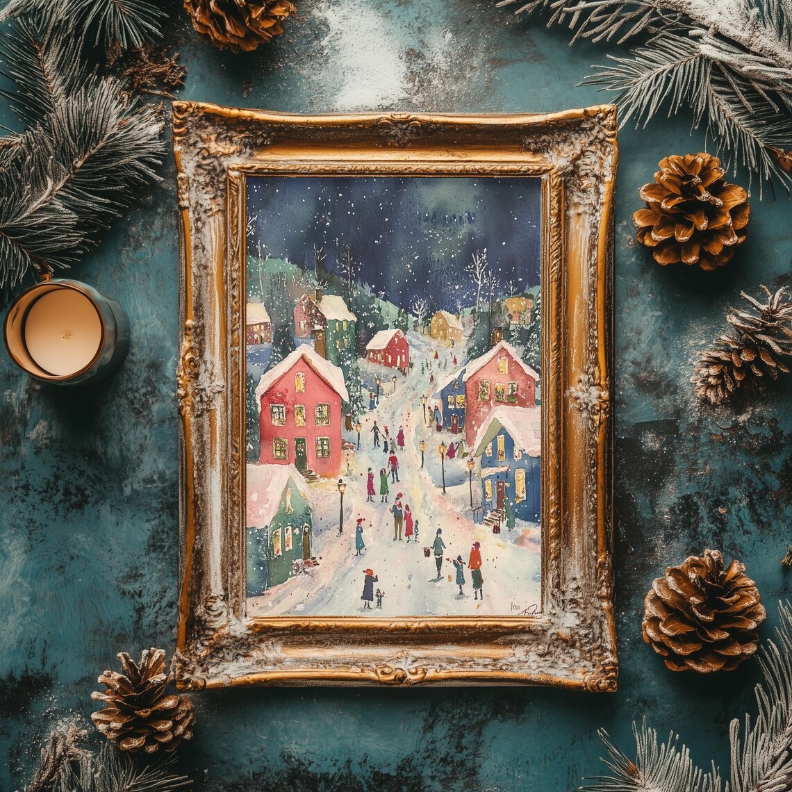 Christmas Village Street Night Scene Watercolor Winter Holiday Poster - Image 2