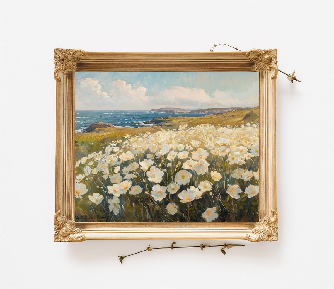 White Cosmos Flower Field Coastal Cliffs Sea Summer Landscape Poster - Image 3
