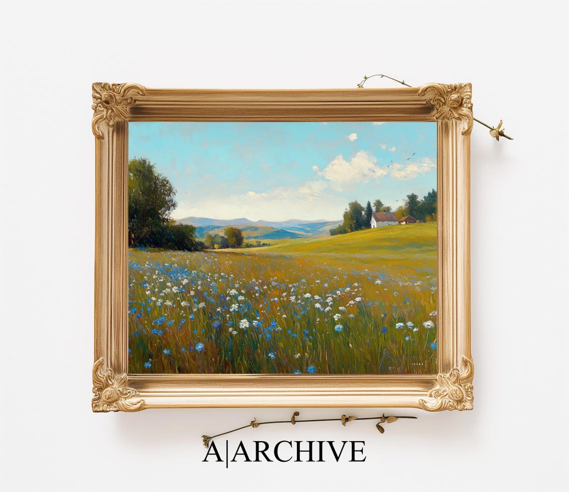 Blue White Flower Field Farmhouse Hillside Summer Scene Poster - Image 2