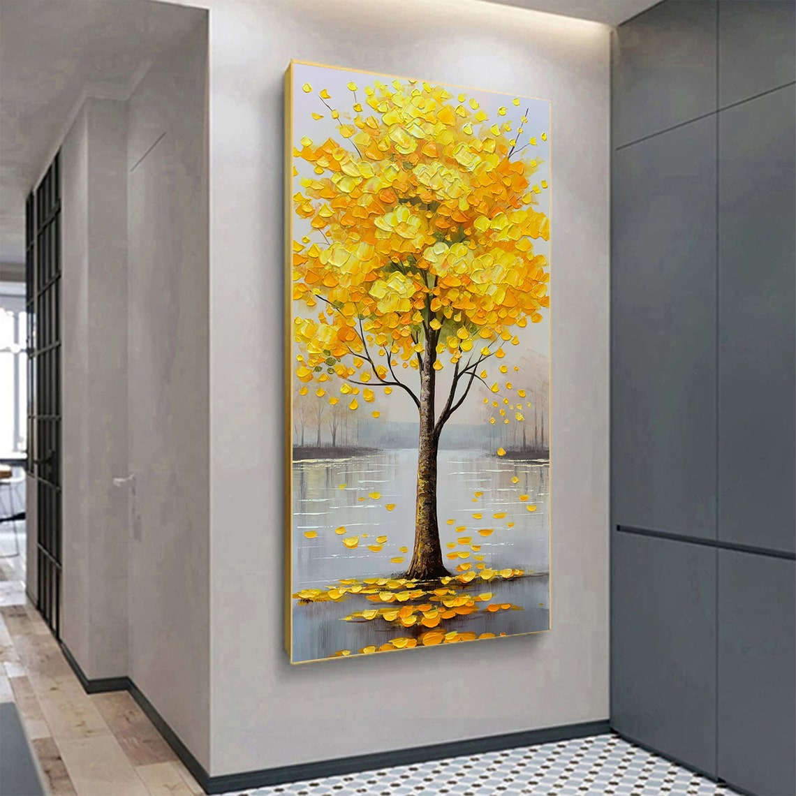 Golden Autumn Tree By Calm Water Yellow Leaves Painting Poster - Image 3