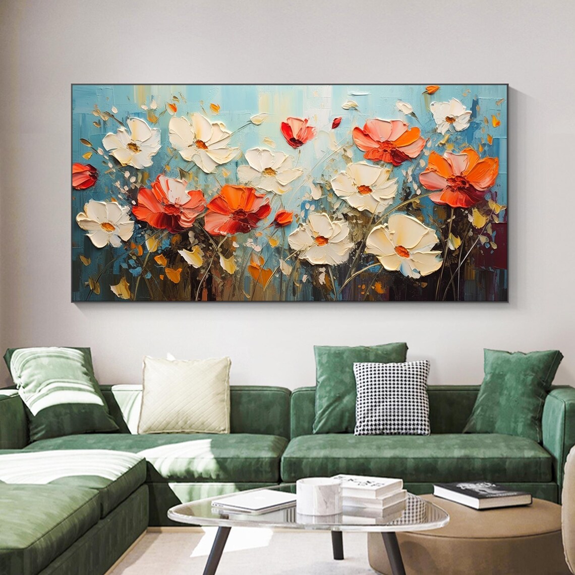Red White Orange Wildflowers On Teal Impasto Painting Poster - Image 3