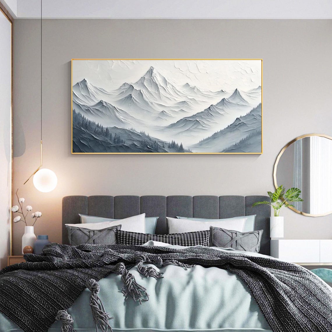 Misty Gray Mountain Peaks Pines Panoramic Textured Landscape Poster - Image 3
