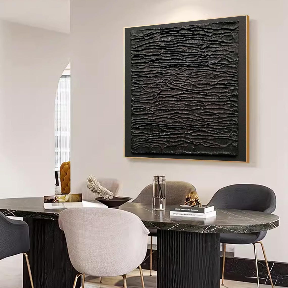 Black Textured Wave Abstract Dark Gold Frame Moody Modern Poster - Image 3