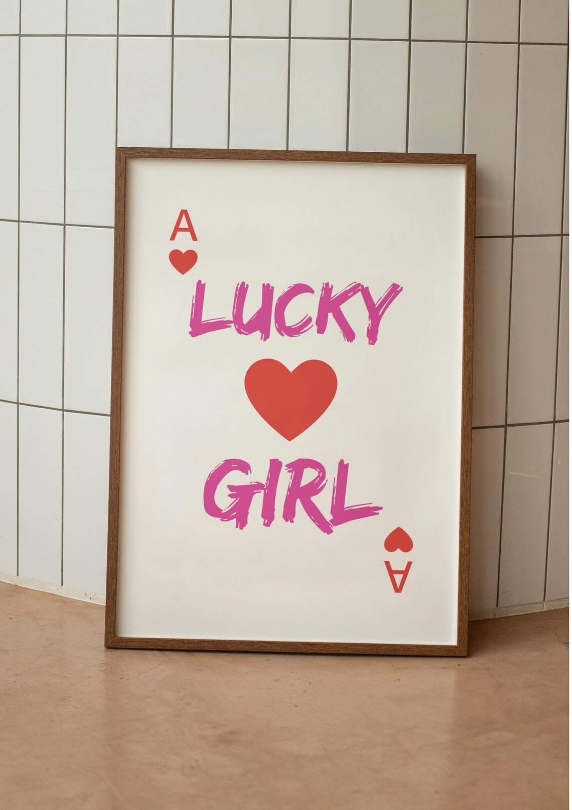 Lucky Girl Ace Of Hearts Pink Playful Brush Lettering Poster