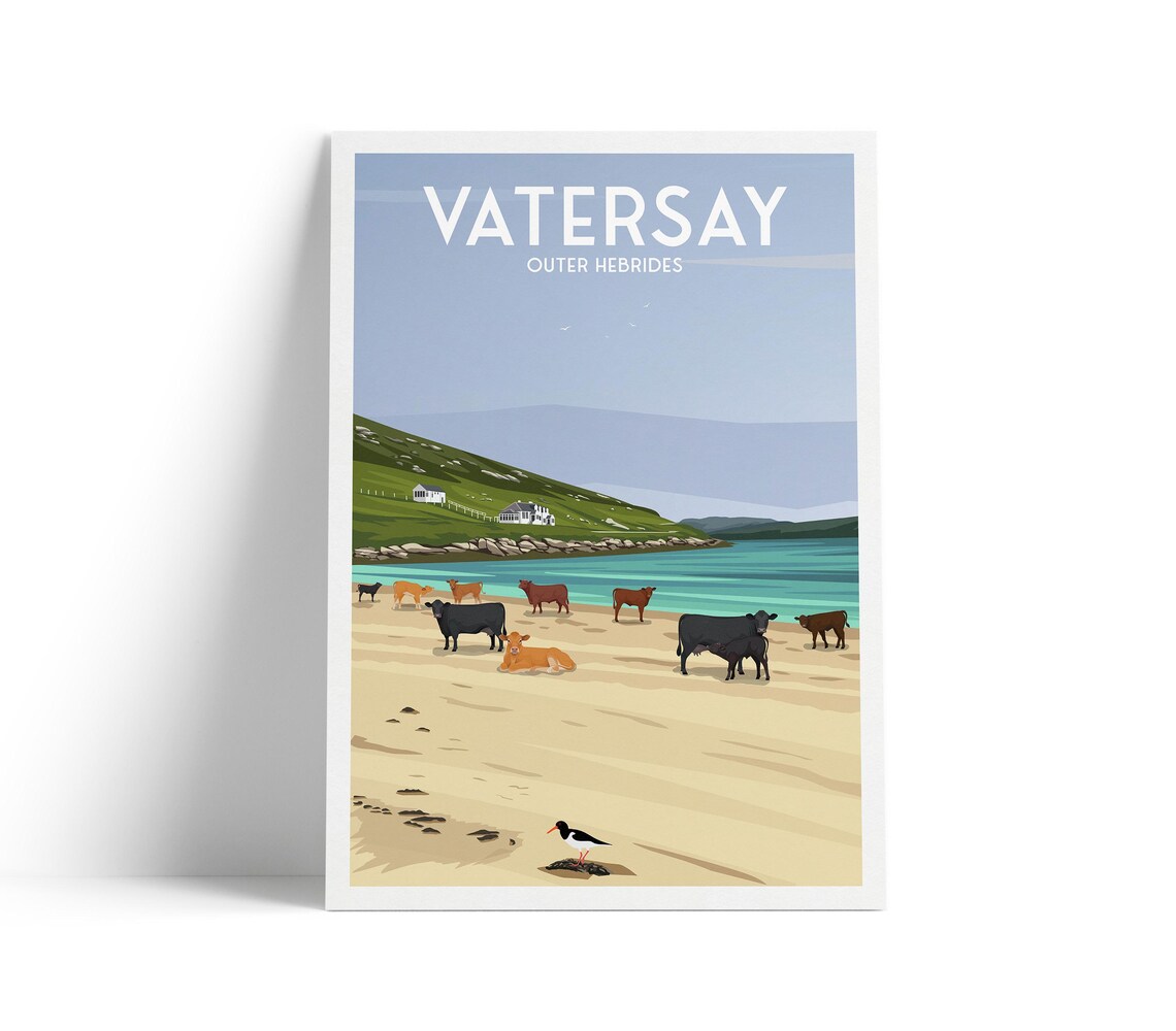 Beautiful Stunning Vatersay Outer Hebrides Beach Cows Travel Art Poster