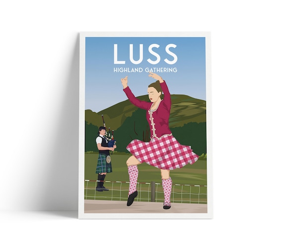 Luss Highland Gathering Print Scottish Travel Poster Bagpiper Dancer Games Argyll And Bute