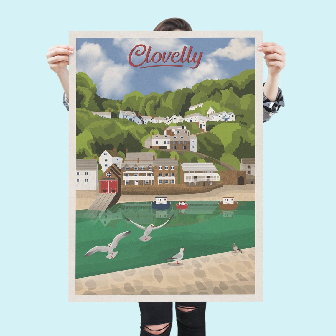 Clovelly Devon Harbor Boats and Gulls Vintage Seaside Travel Poster