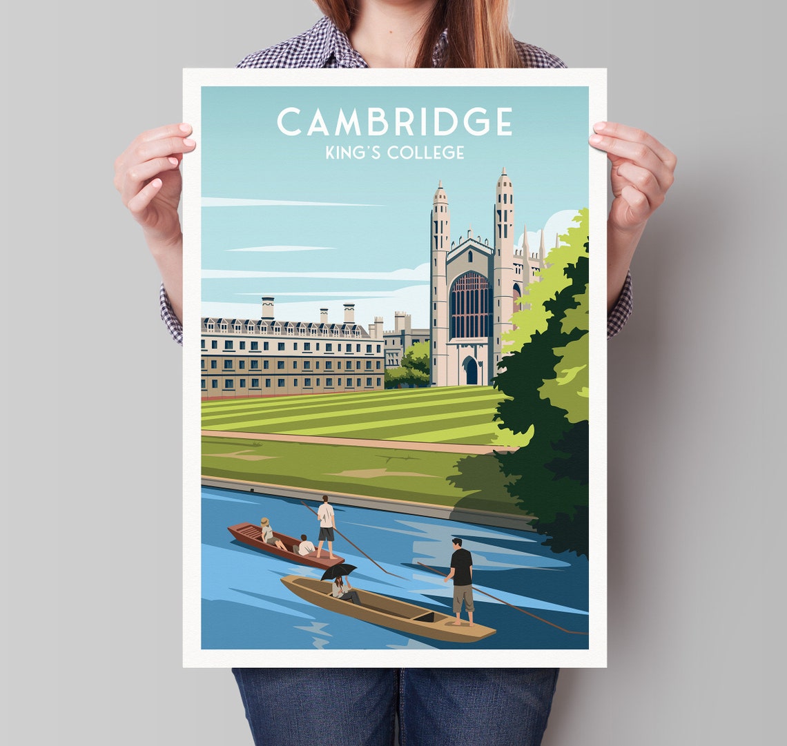 Cambridge Kings College Chapel Punting River Vintage Travel Poster