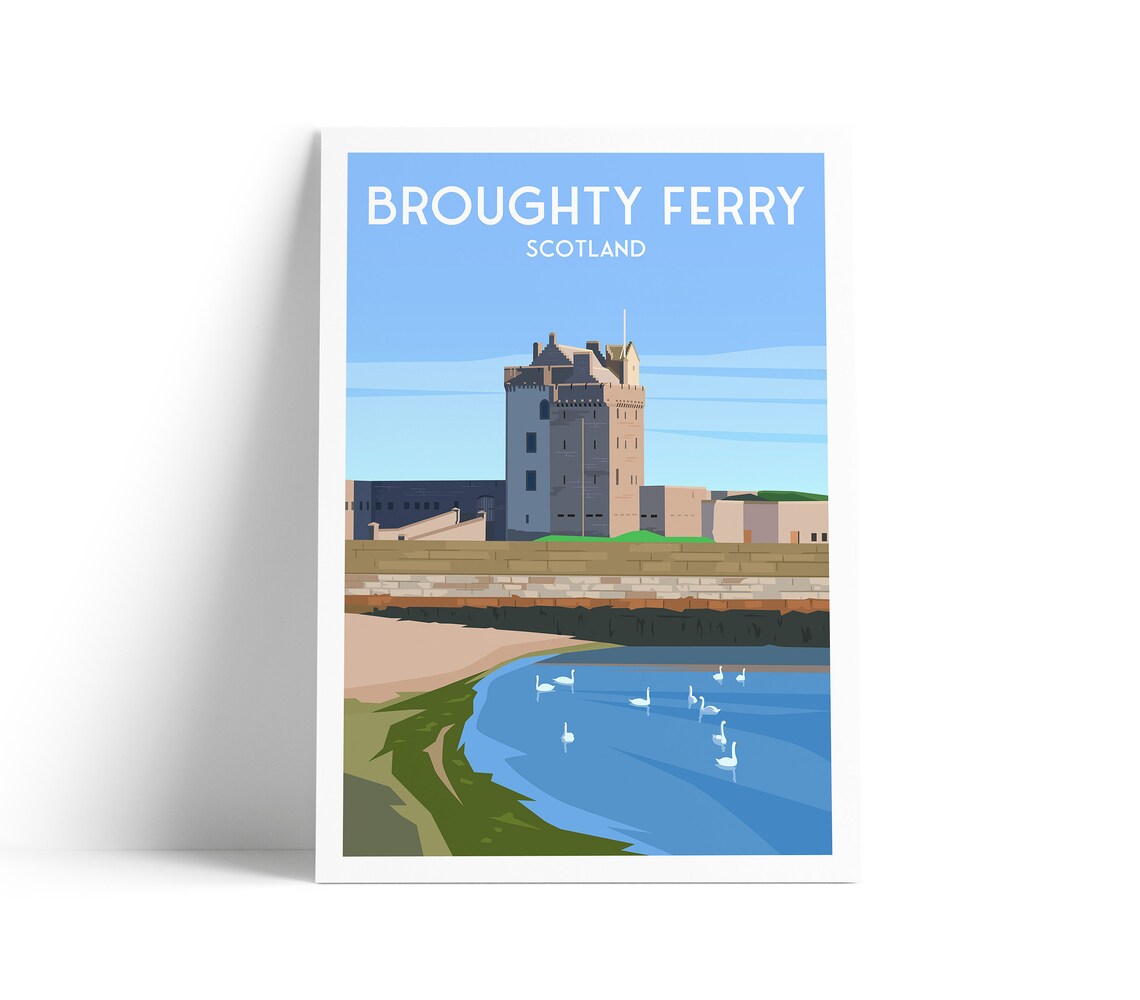 Broughty Ferry Scotland Castle Swan Travel Poster Riverside Art