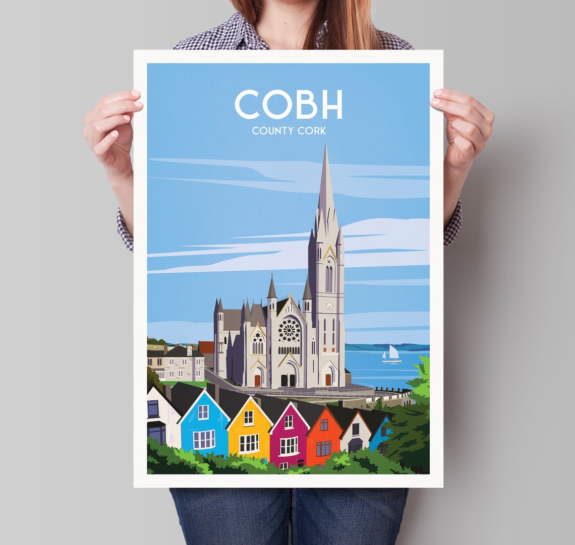 Cobh Ireland St Colmans Cathedral Colourful Houses Travel Poster