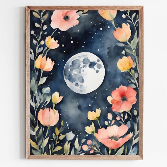 Full Moon Wildflowers Painting Night Sky Wall Art Flowers Watercolor Print Starry Nursery Decor Spring Artwork