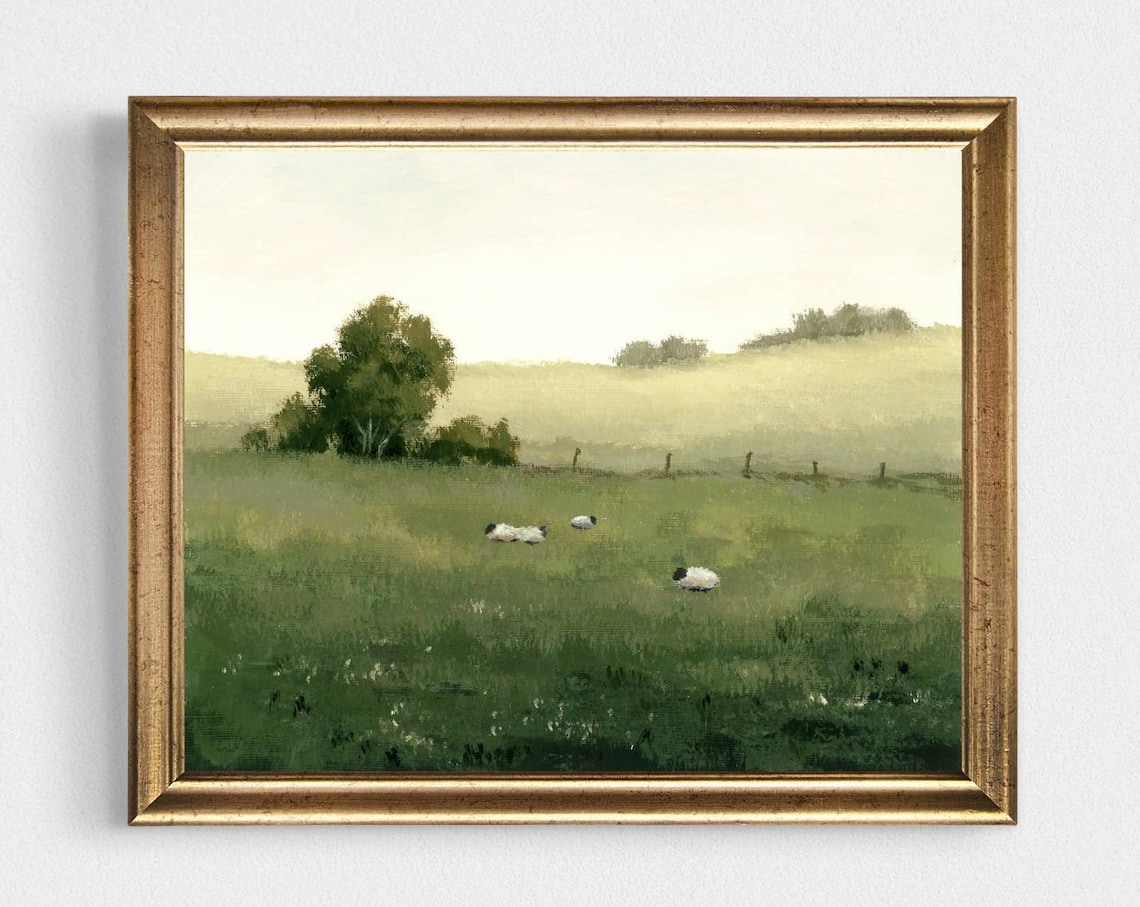 Sheep in the Field Art Print, Farmhouse Landscape