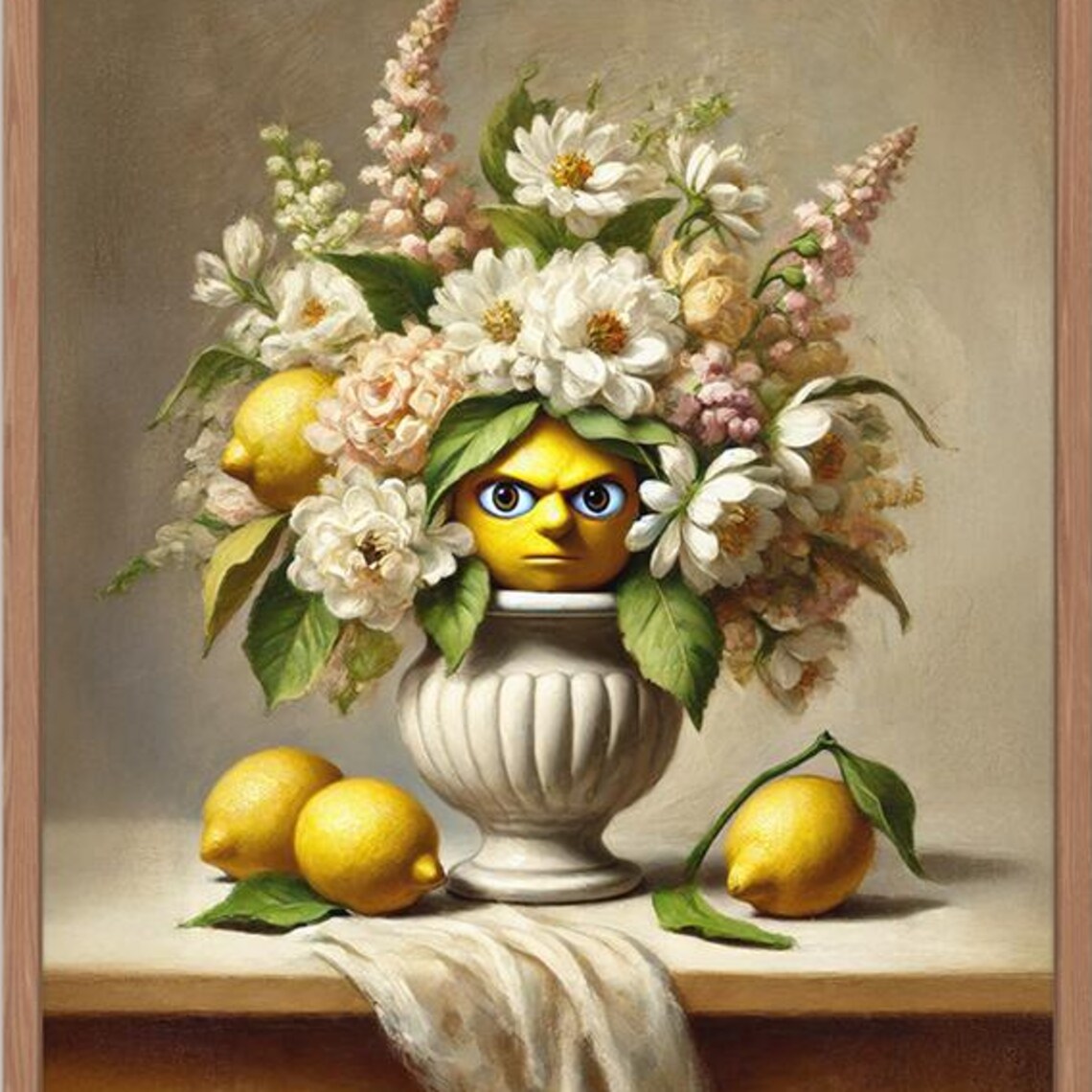 Funny Lemon In Flowers, Whimsical Vintage Print