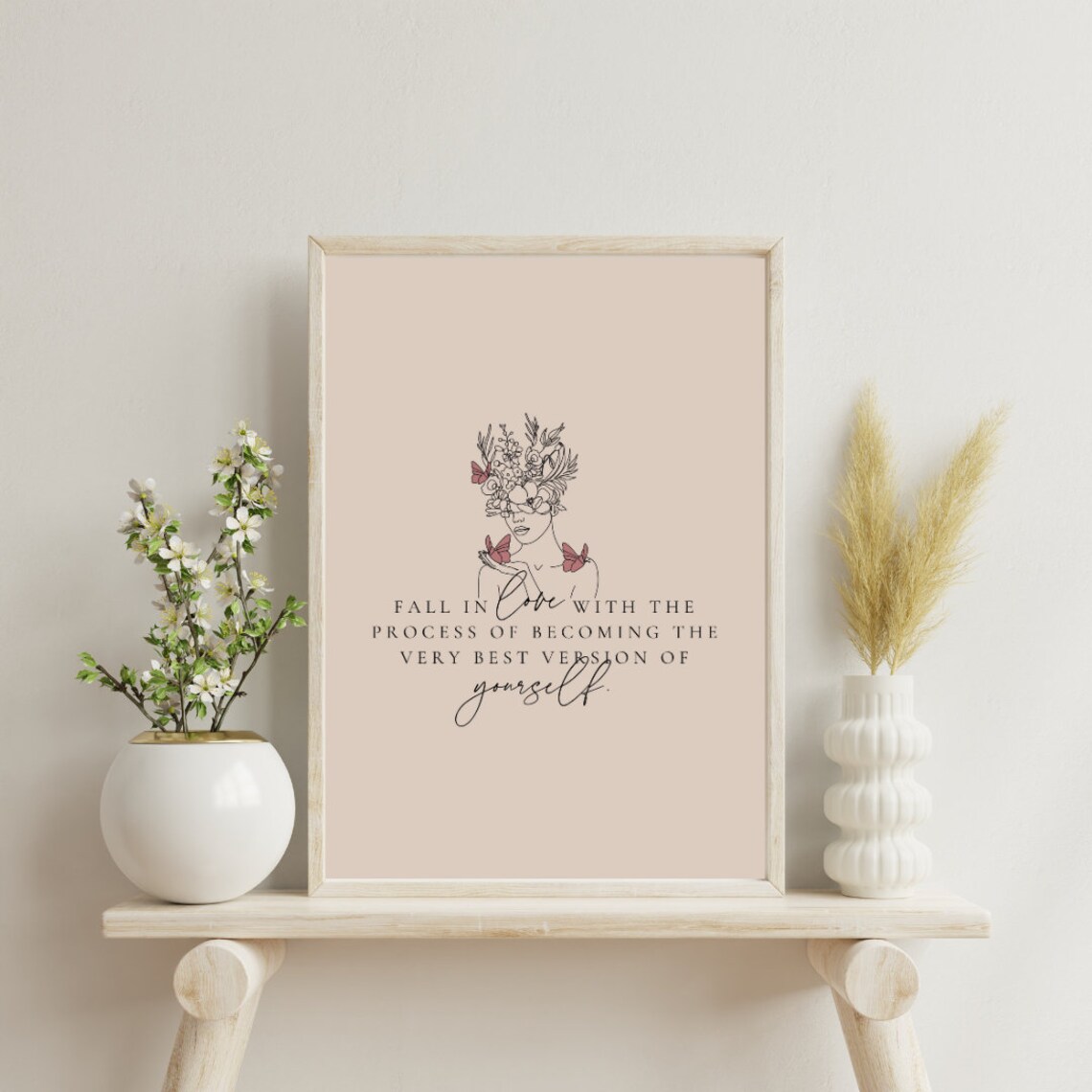 Fall in Love With Becoming Your Very Best Self Floral Line Art Poster - Image 2