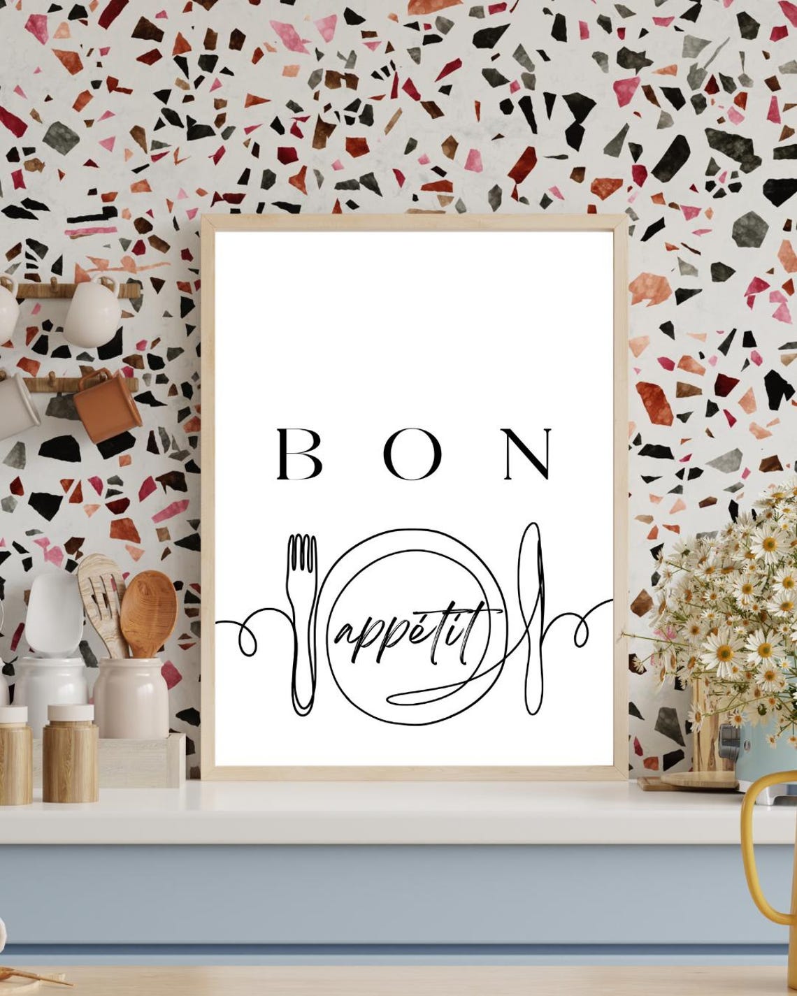 Bon Appetit Continuous Line Plate White French Kitchen Poster