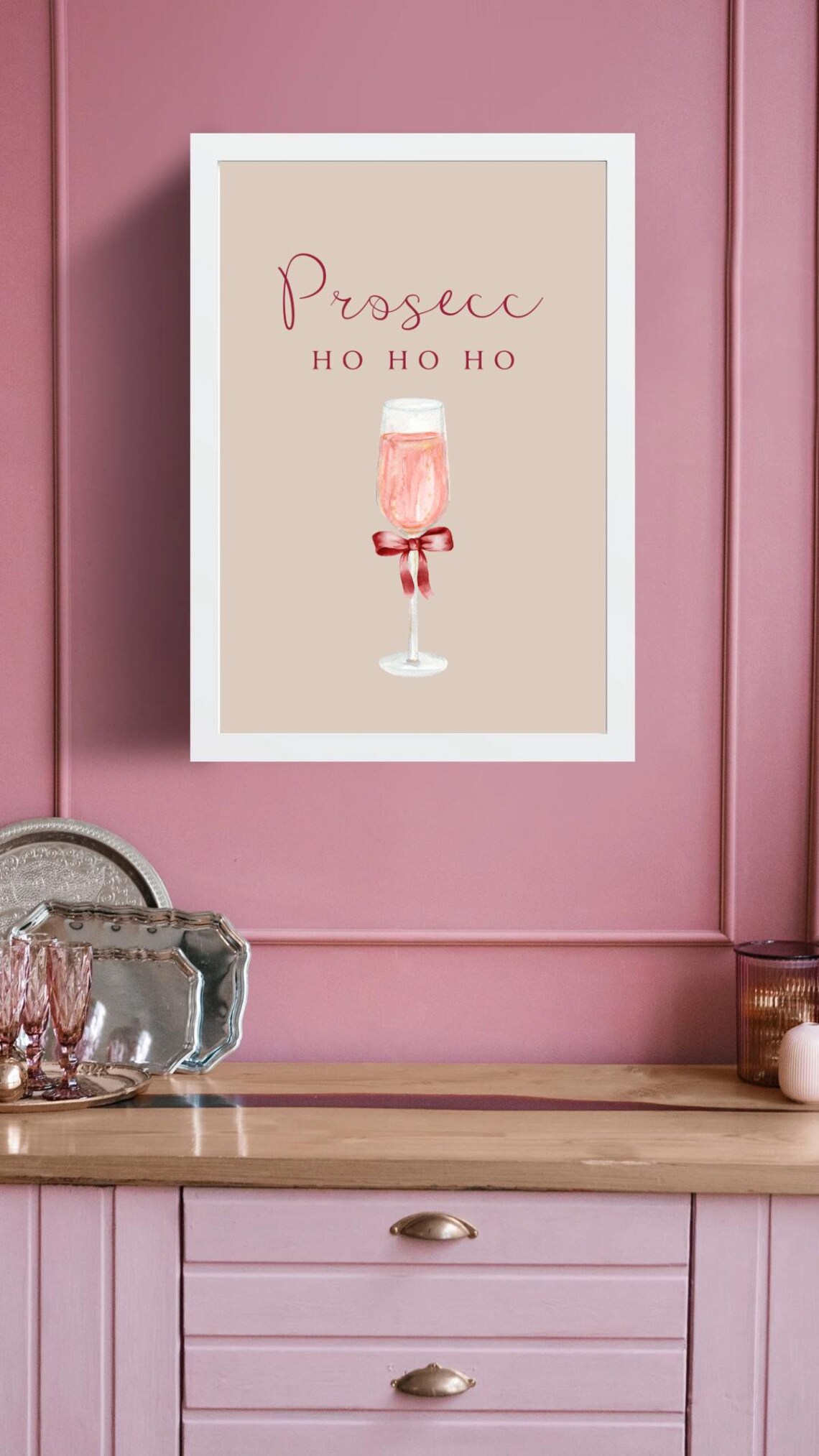 Prosecco Ho Ho Ho Christmas Champagne Glass Beige Funny Poster - Image 3