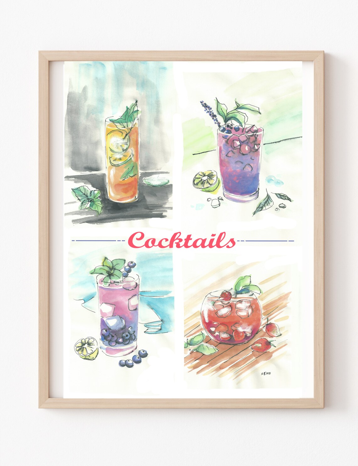 Hand Painted Cocktails Four Drink Watercolor Bar Cart Poster
