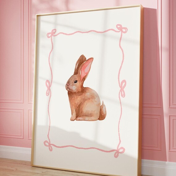 Cute Vintage Prints Pink Bow Poster Trendy Wall Art Prints Bunny Animal Nursery Print Pink Wall Art Vintage Wall Decor Printables Girly