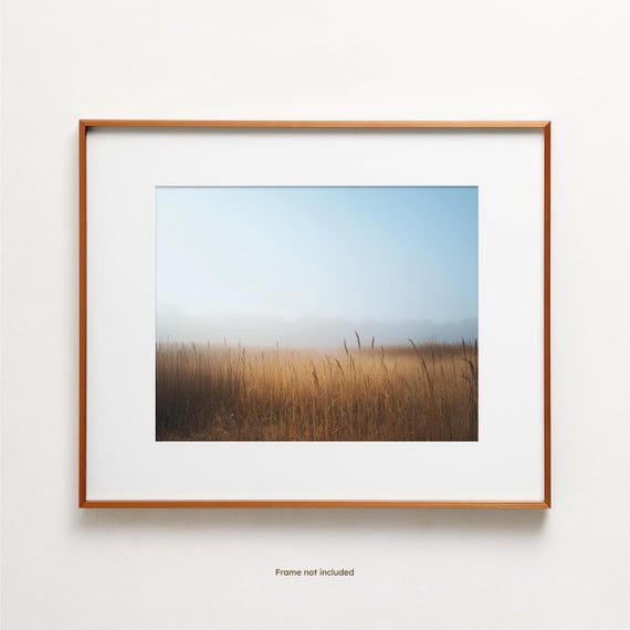 Field Landscape Art Print Foggy Morning Floral Painting Vintage