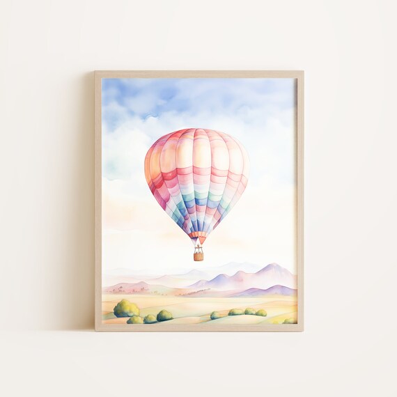 Pastel Hot Air Balloon Watercolor Over Rolling Hills Nursery Art Print