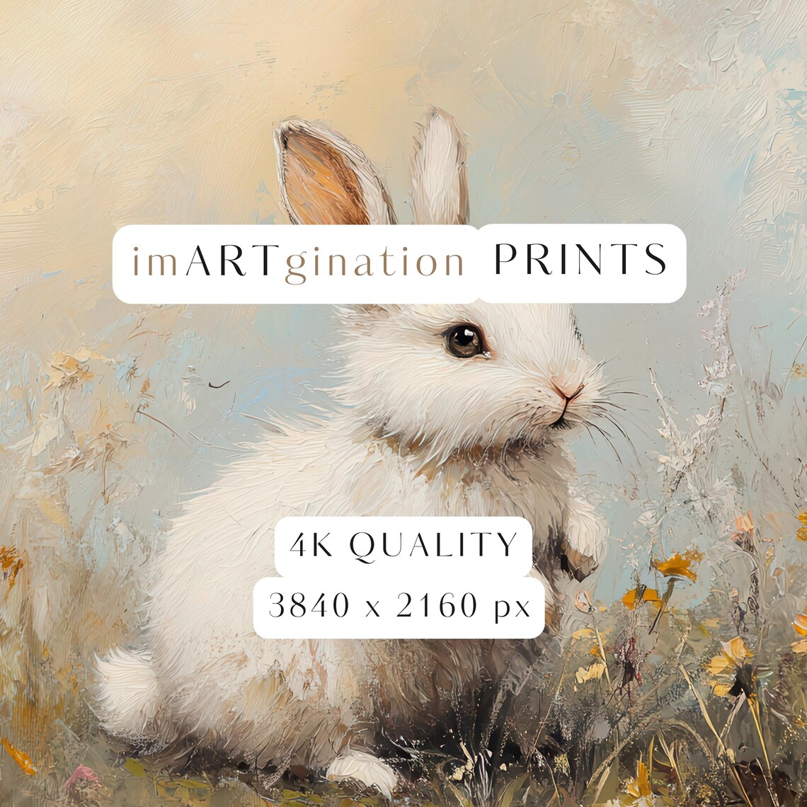 White Bunny Rabbit Meadow Wildflowers Vintage Spring Easter Oil Painting Poster - Image 3