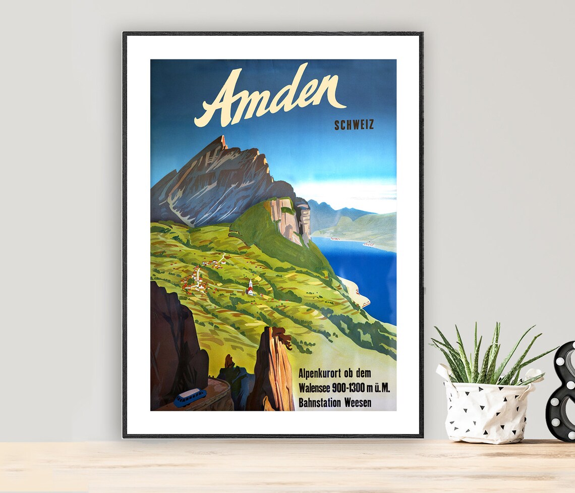 Amden Switzerland Vintage Travel Poster, Travel Poster