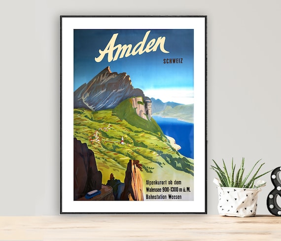 Amden Switzerland Vintage Travel Poster, Travel Poster