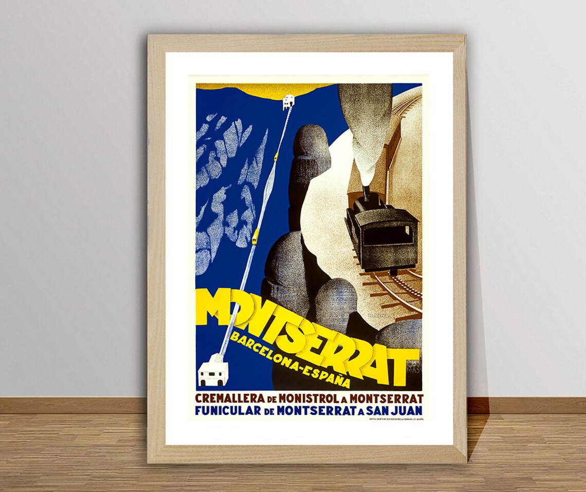 Montserrat Barcelona Espana Art Deco Railway Poster Funicular Vintage