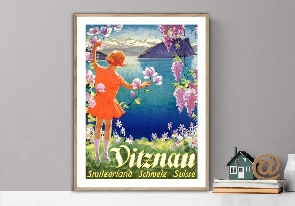 Vitznau Switzerland Lake Lucerne Magnolia Girl Vintage Travel Poster