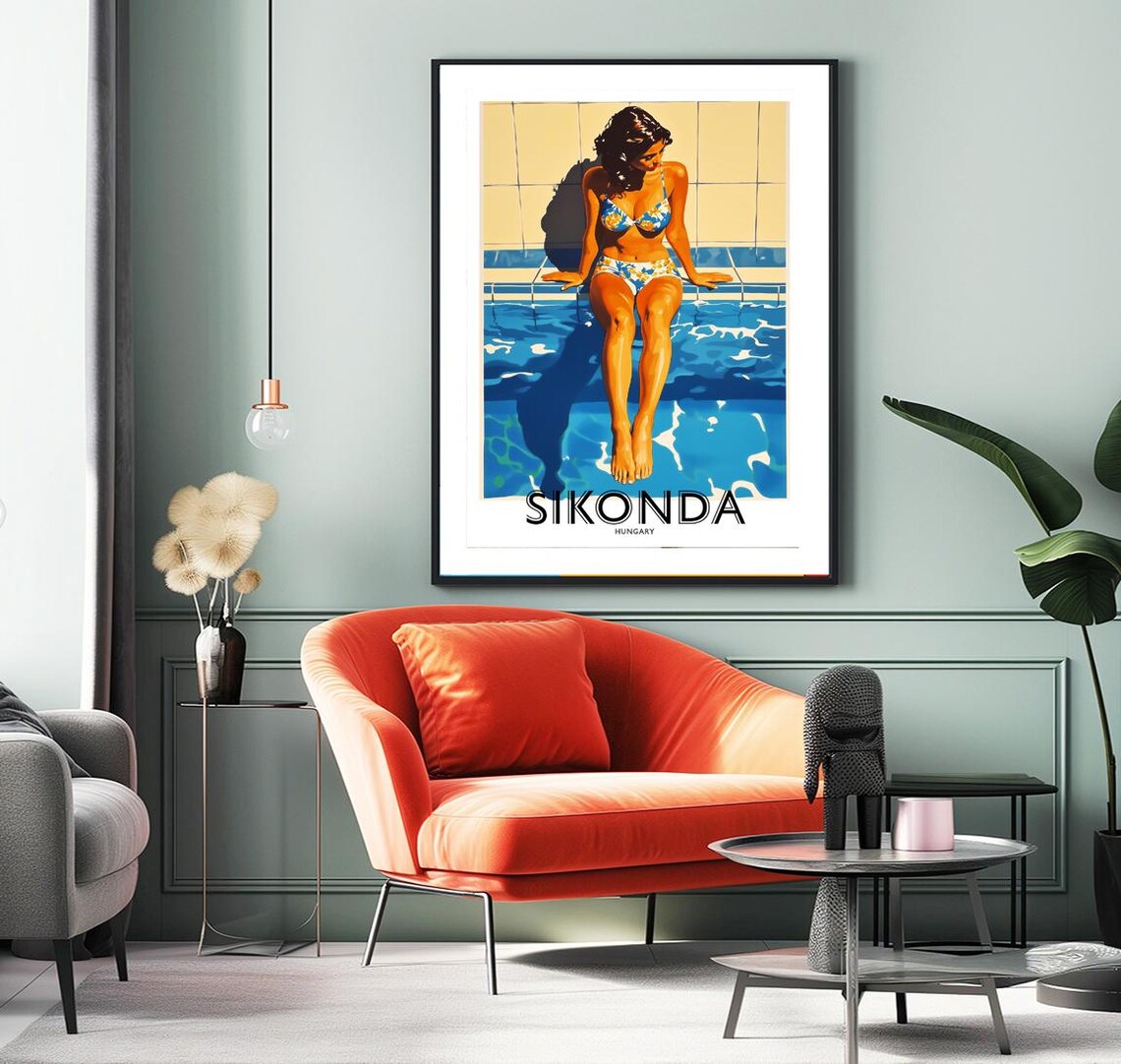 Sikonda Hungary Poolside Bikini Woman Retro Spa Vintage Travel Poster - Image 2