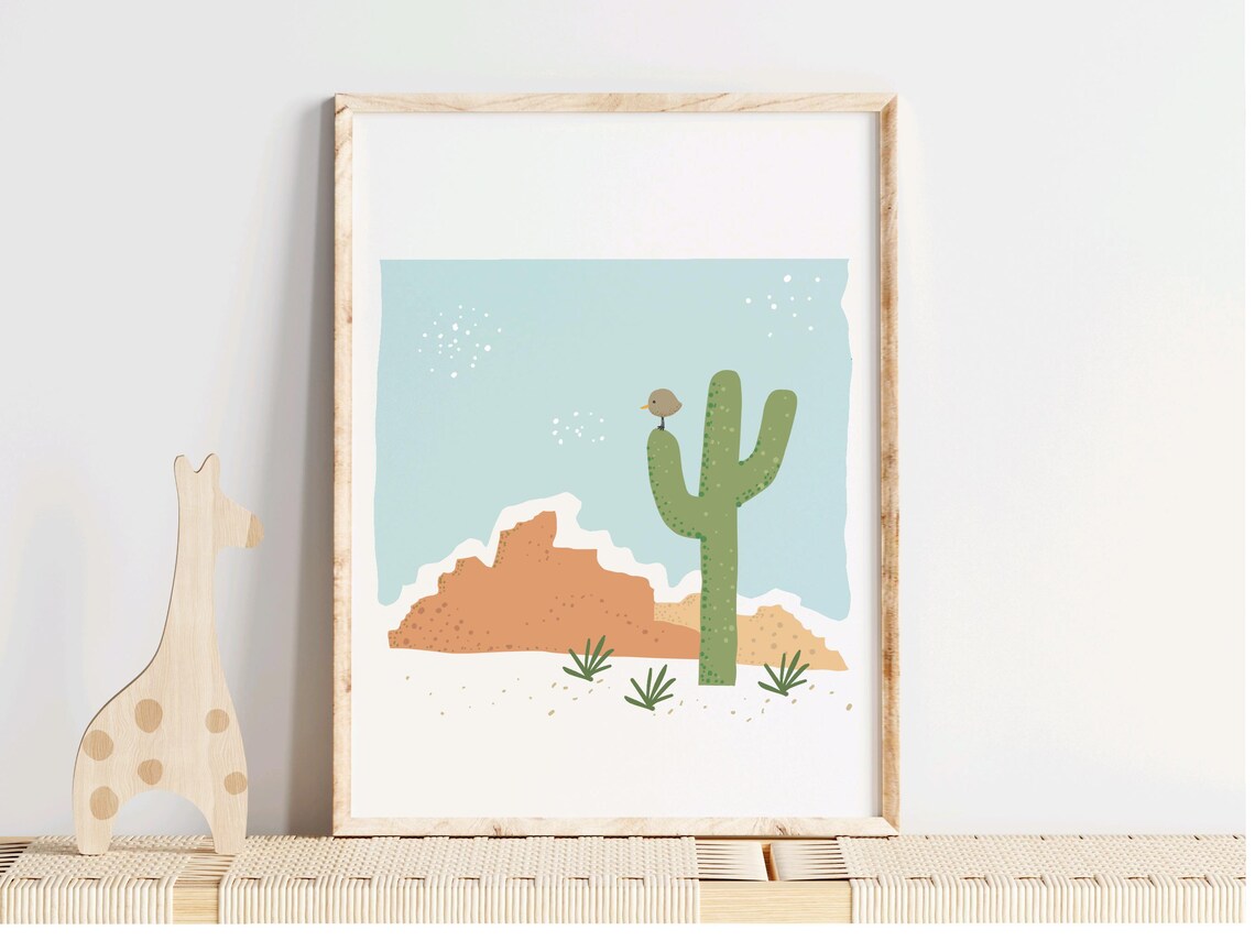 Desert Cactus and Bird Watercolor Southwest Nursery Kids Wall Art