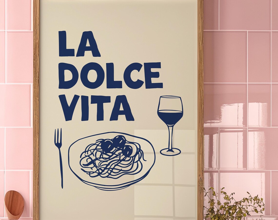 La Dolce Vita Blue Spaghetti Wine Glass Italian Dinner Party Poster - Image 3