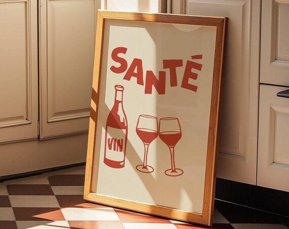 Red Sante French Wine Toast Retro Bar Cart Kitchen Wall Decor Poster