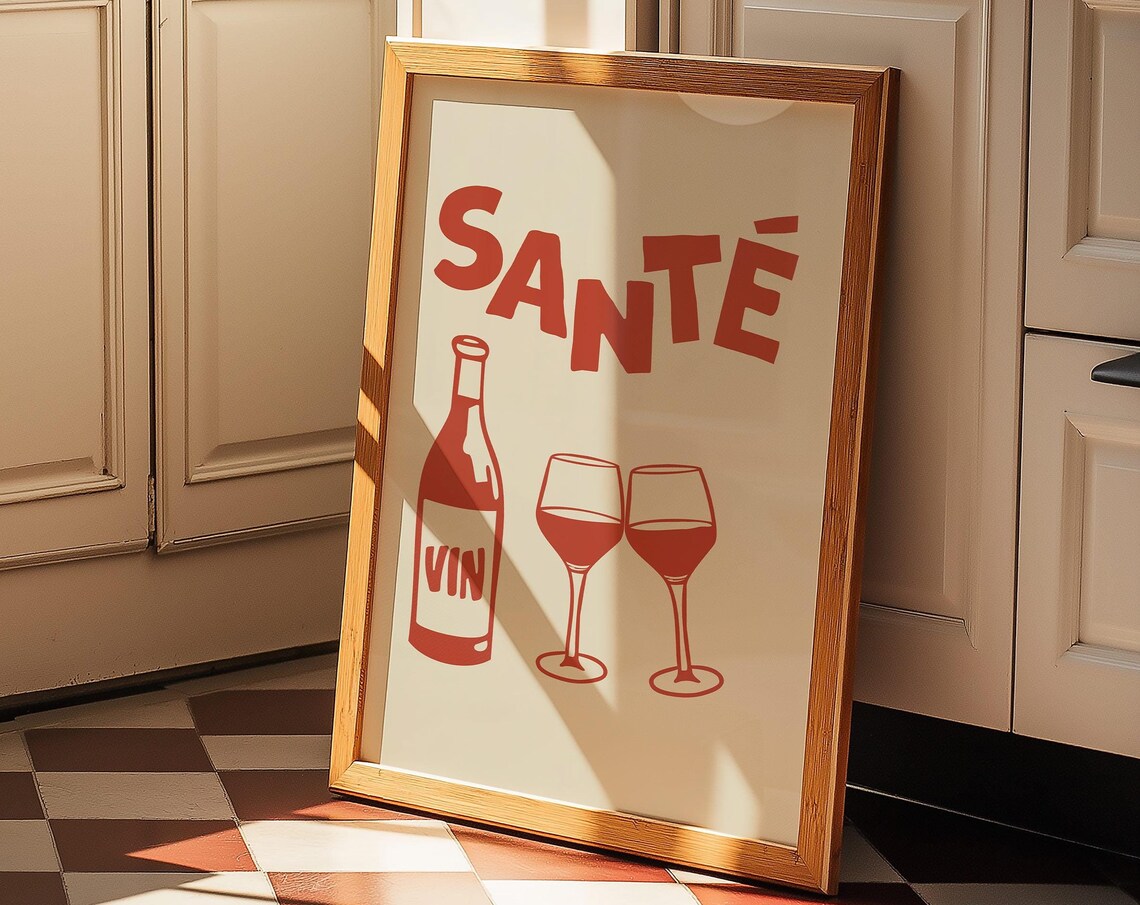 Red Sante French Wine Toast Retro Bar Cart Kitchen Wall Decor Poster
