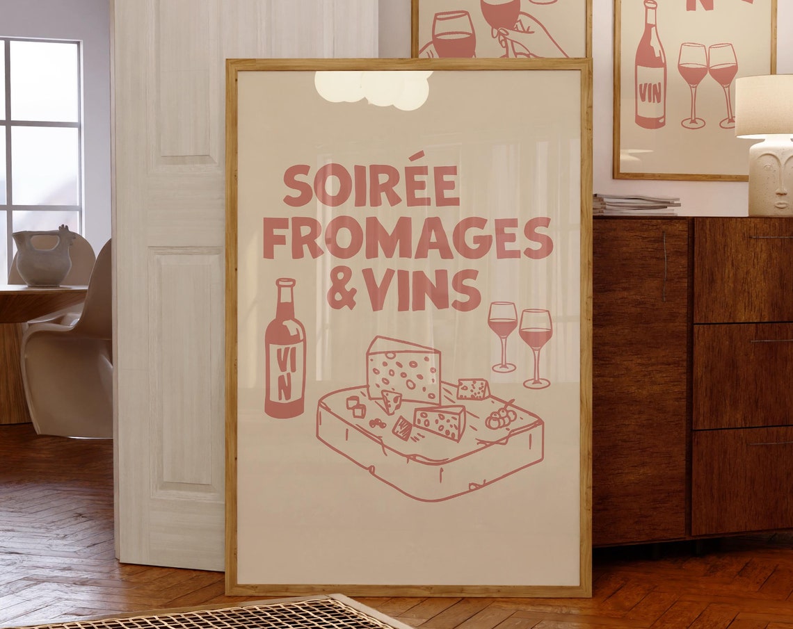 Soiree Fromages Vins Dusty Rose Minimal Line Art Cheese Poster