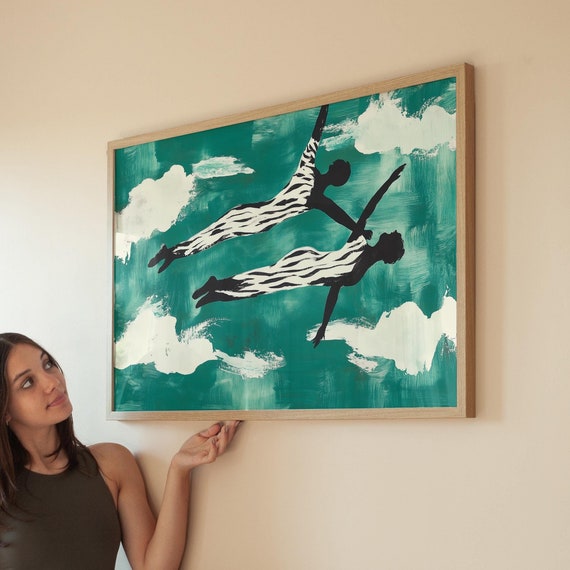 Abstract Minimalist Art Print Two Silhouettes Floating In Green Dreamy Sky With Clouds Striped Figures Modern Wall Decor Surrealist Design